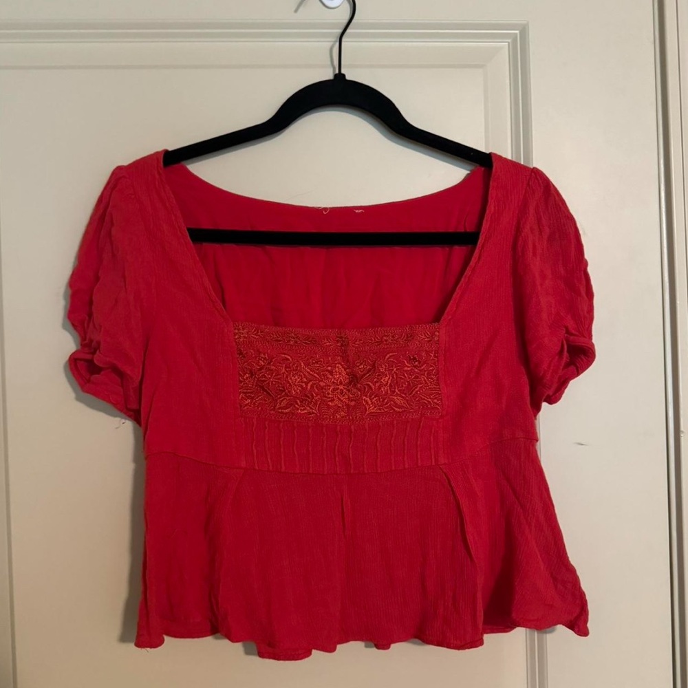 Red Embroidered Women's Top